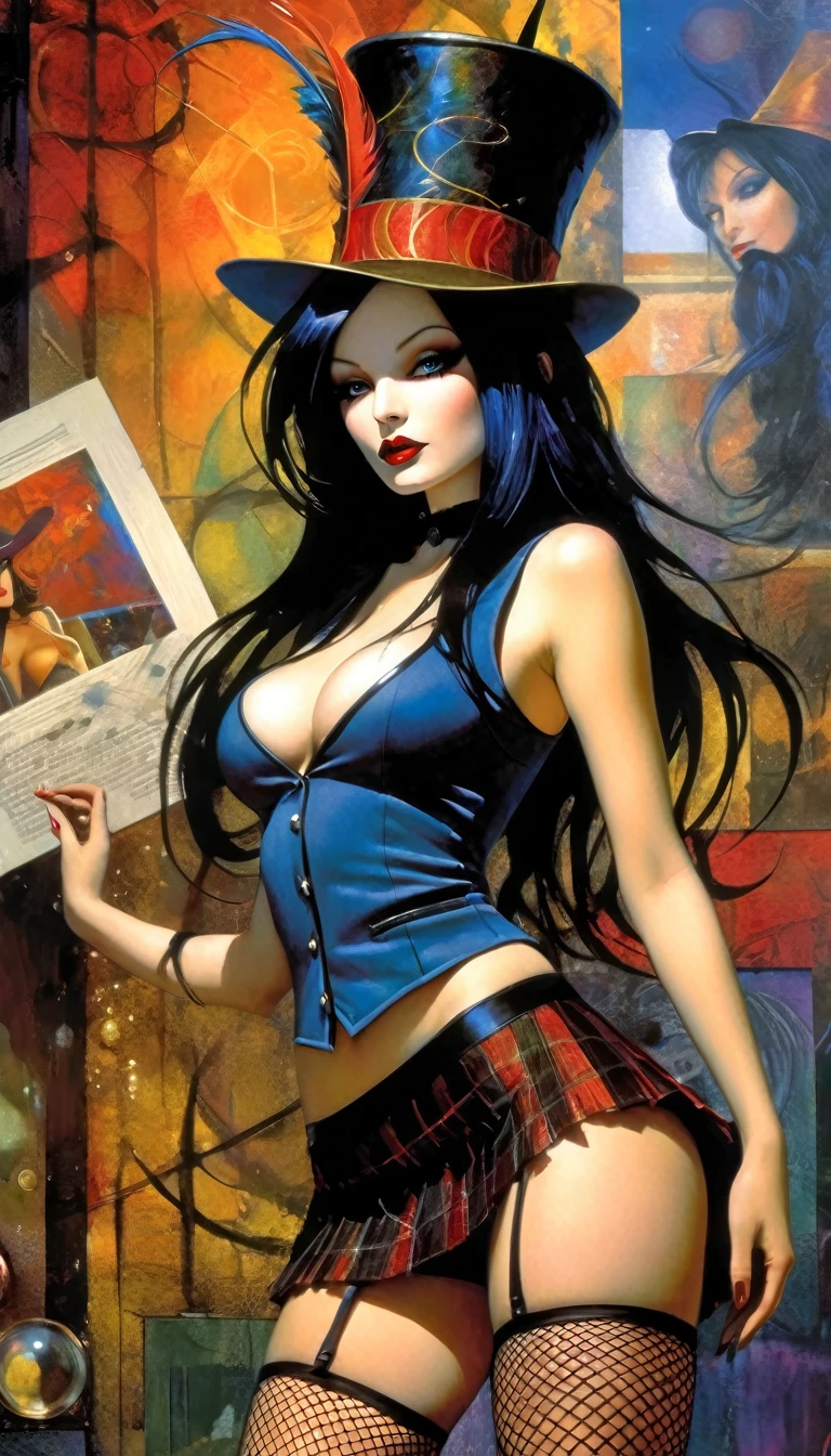 a magician girl with long black hair, wearing a magician hat, elegant and sexy outfit with a vest, miniskirt and fishnet stockings, performing magic, dark and fantastic background, inspired by the art of Bill Sienkiewicz, high quality, ultra-detailed, photorealistic, vivid colors, professional (best quality, 4k, 8k, high resolution, masterpiece: 1.2), ultra detailed, (realistic, photorealistic, photorealistic: 1.37), intricate details, vivid colors, sharp focus, professional, Dave's artwork McKean, oil painting touch of surrealism, oil painting style
