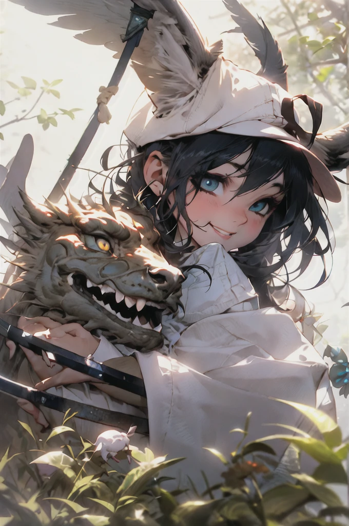girl, letterboxed, holding, outdoors, bird, standing, cloud, 1boy, weapon, from behind, sky, cloudy sky, animal, holding weapon, eastern dragon, monster, 1other, hat, fog,