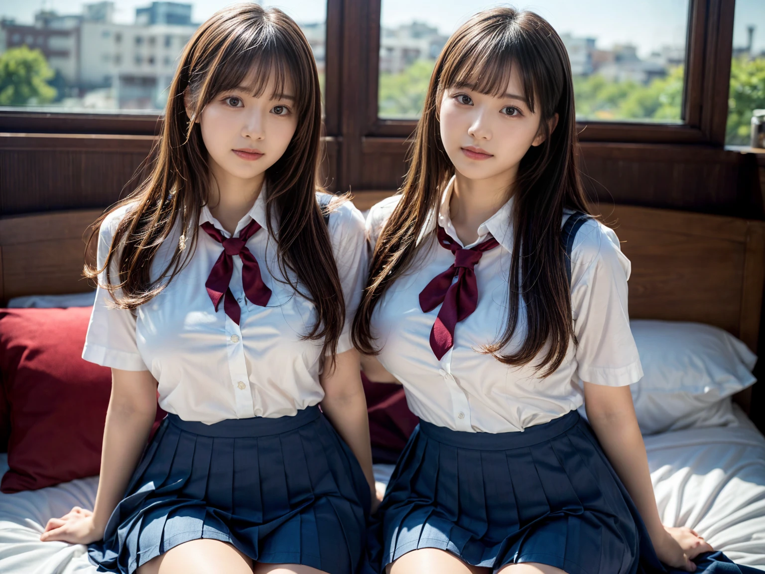 (RAW photo, 4k, masterpiece, high resolution, extremely complex) (realistic: 1.4), cinematic lighting
((2 girls, 2 schoolgirls)),Slam Dunk's,blushing,((innocent)),(Dark makeup),bright eyes,round eyes,blunt bangs,(straight hair:1.3),black hair,large breasts,wide hips,Summer Noon, 20 year old girl、cute type、lolita,Hot, (Best Quality), (Highres), (an Extremely Delicate and Beautiful),(Beautiful 8k face),(Brown eyes),short bob hair,( spectators),(gigantic breasts),(Play with each other,Touching each other's bodies,Touching the body),(Japanese high school uniform:1.3),blue skirt,(reality),bright lighting,(The background is a luxury hotel room)