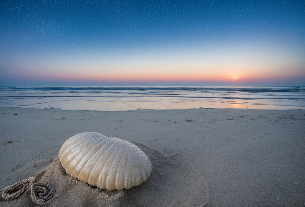 Big snail shells on the beach, white sand, beautiful sparkling sky, bầu trời ban đêm lung linh huyền ảo, hiệu ứng galaxy, hiệu ứng cyber:1.3 