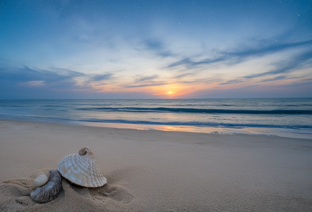 Big snail shells on the beach, white sand, beautiful sparkling sky, bầu trời ban đêm lung linh huyền ảo, hiệu ứng galaxy, hiệu ứng cyber:1.3 