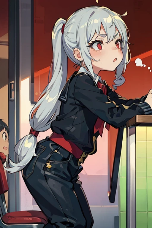 Young girl with grey hair, ((fringed and curly hair)),((curly short twintail)), curly hair ,(red eyes),, ((small bushy eyebrows)), wearing gothic lolita clothing, lolicon , walking to school, bored look, bored face,, suddenly having sex in public, ((doggy style sex)), ((public sex in a restaurant)) naked ass in the male crotch, perfect anatomy, young boy fucking her
