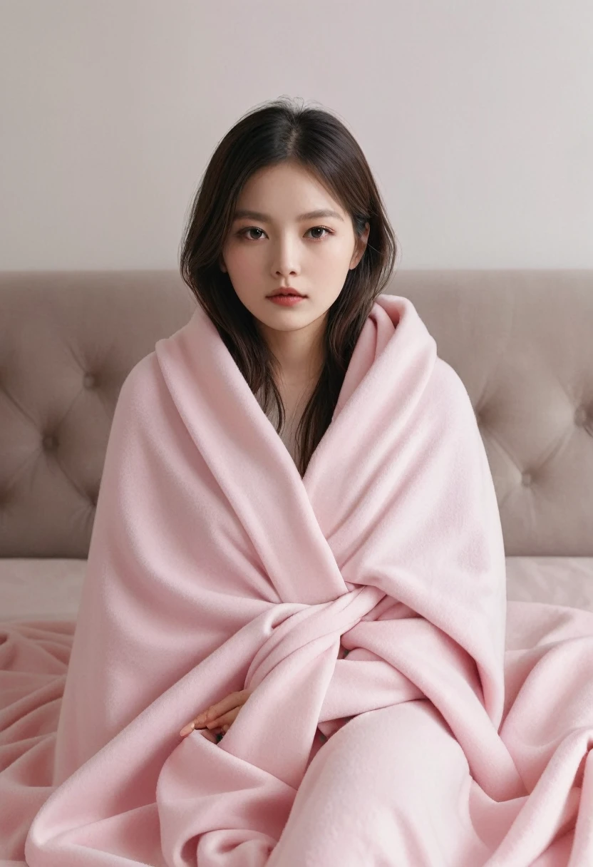 Wrapped in a large pink blanket and tied with a white ribbon