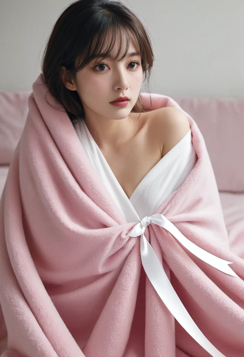 Wrapped in a large pink blanket and tied with a white ribbon
