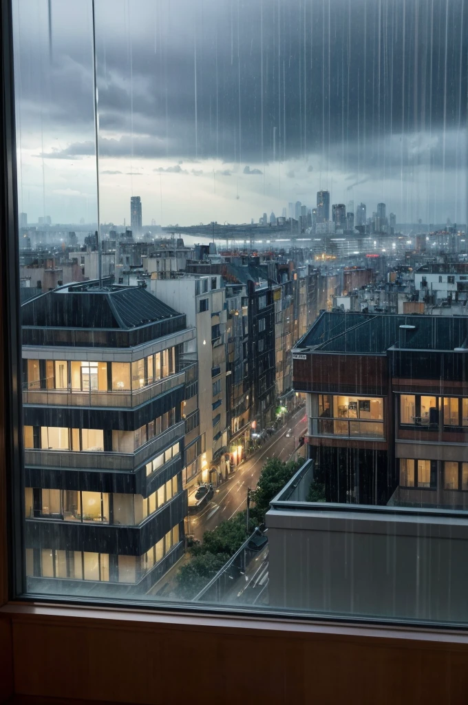 create for me a peaceful landscape, from a window, raining, citys