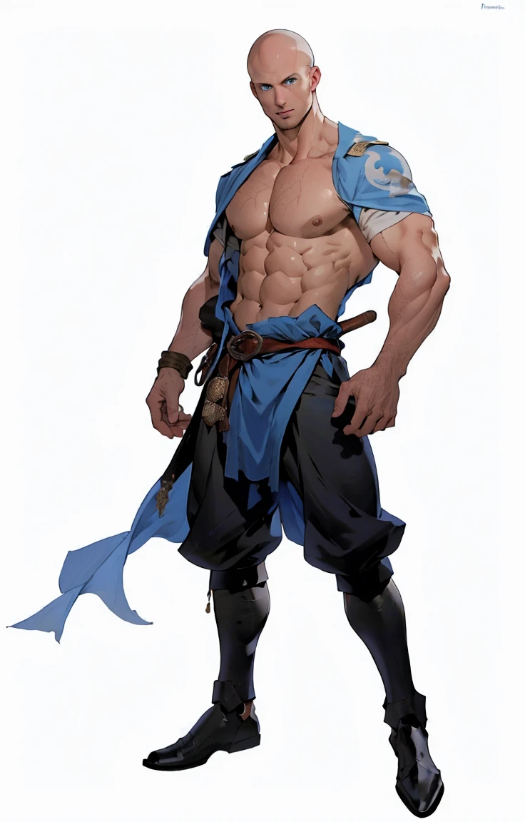 medieval pirate (​masterpiece,best quality,most absurd ), 1 Mann, muscular, detailled eyes, blue eyes,, runs to the camera, shirtless, bald head with headscarf, ((White background)), full body pose