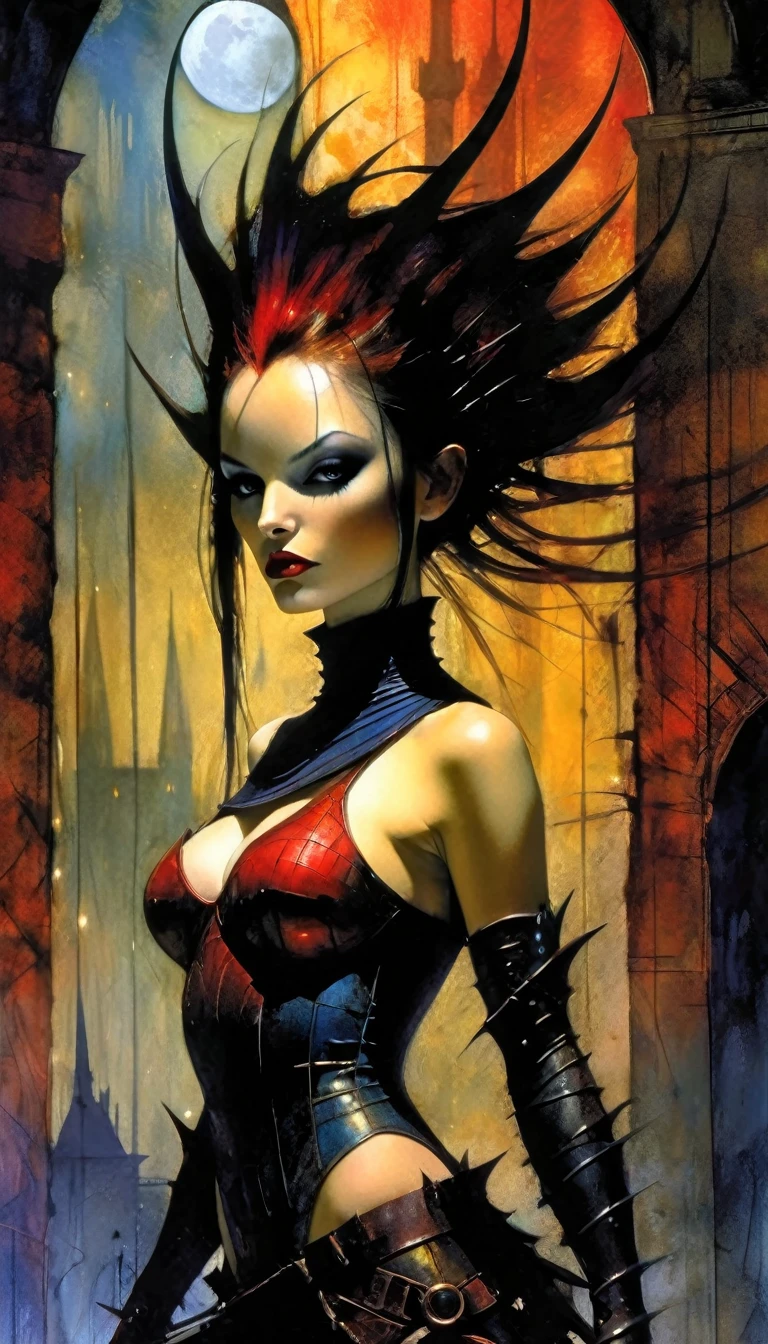 The sexy and dark warrior girl, dark castle, night(art inspired by Bill Sienkiewicz). oil painting)(best quality,4k,8k,highres,masterpiece:1.2),ultra-detailed,(realistic,photorealistic,photo-realistic:1.37),intricate details,vivid colors,sharp focus,professional,Dave McKean artwork, oil touch of surrealism,oil painting style
