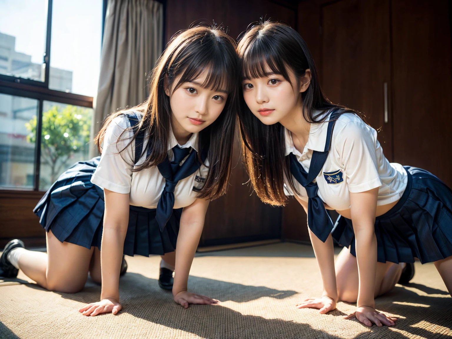 (RAW Photos, 4K, masterpiece, High resolution, Very complex) (reality的: 1.4), Cinema Lighting
((2 girls, 2 high school girls)),Slam Dunk,Blushing,((Innocent)),Bright Eyes,Round eyes,Blunt bangs,(Straight hair:1.3),Black Hair,Large Breasts,Wide Hips,Summer noon, ,hot, (Highest quality), (High resolution), (Very delicate and beautiful),(Beautiful 8k face),(Brown eyes),Short Bob Hair,( audience),(Huge breasts),(Play with each other,Touching each other's bodies,Touching the body),(Japanese High School Uniform:1.3),Blue Skirt,(reality),Bright lighting,(The background is a room in a luxury hotel), ((On all fours))
