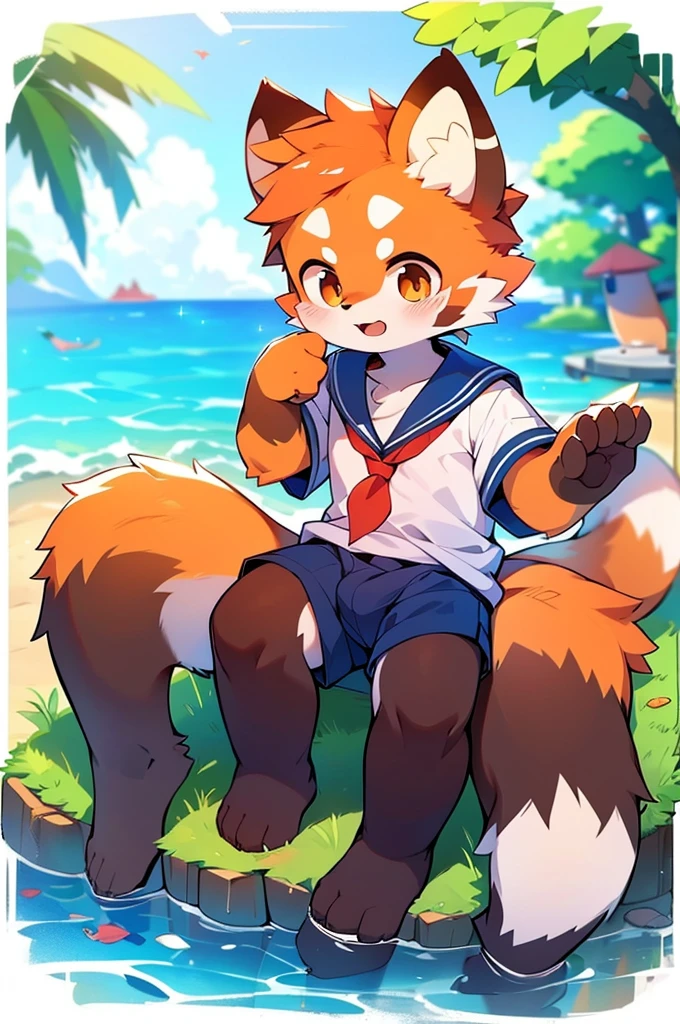 Male Red Panda，Ocean，Appearing in a sailor uniform！One person estrus period，sit，