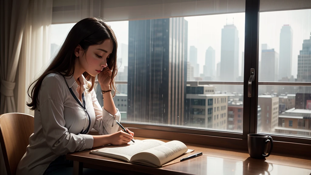 create for me a peaceful landscape, from a window, raining, citys, person studying 
