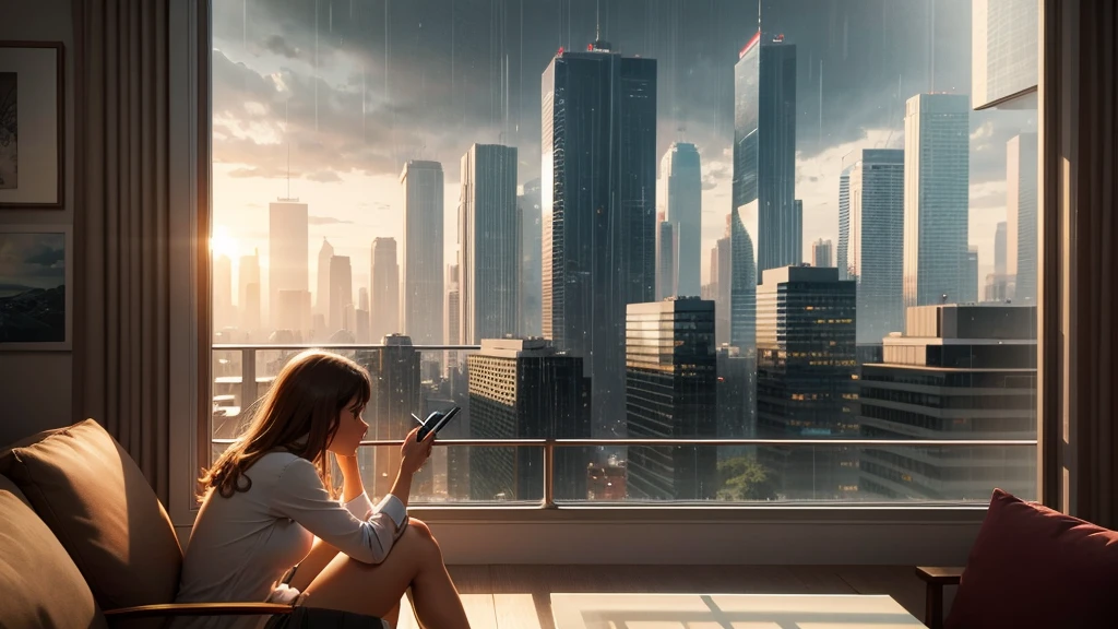 create for me a peaceful landscape, from a window, raining, citys, person studying