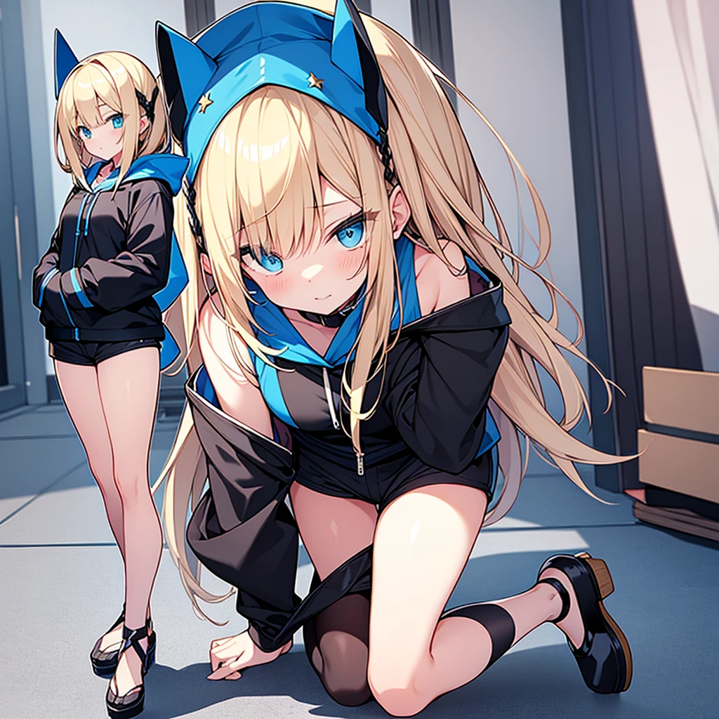 Full body detailed drawing。Blonde beauty。Blue habit。Wearing a hood。Blue Eyes。Have a Bible。Wearing black bikini shorts。