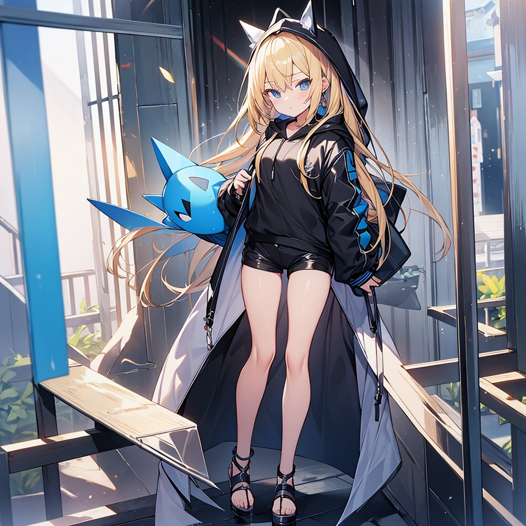 Full body detailed drawing。Blonde beauty。Blue habit。Wearing a hood。Blue Eyes。Have a Bible。Wearing black bikini shorts。