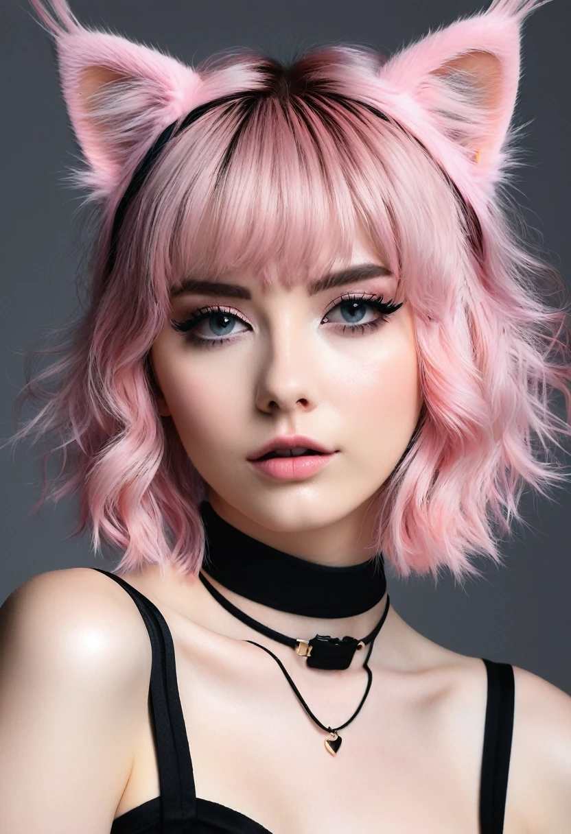 girl, short light pink hair, cat ears, black choker
, she is hairy like a cat, has a cat&#39;s tail