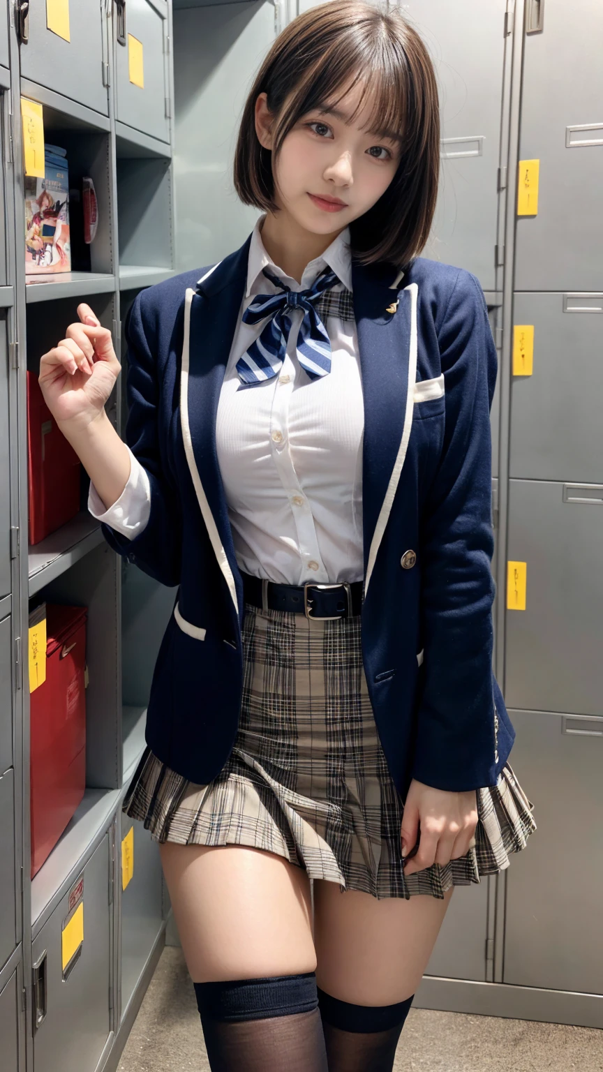 masterpiece, best quality, illustration, Super detailed, fine details, High resolution, 8K,wall paper, perfect dynamic composition,(Details High quality, realistic depiction of eyes:1.3),locker room、High school girl uniform、blazer 、Super Short Check Uniform Skirt、Navy blue high socks、garterbelts、Colossal tits、Disturbed uniform, short bob hair, black hair color, huge breasts, Big Natural Color Lip, bold sexy pose, (perfect body shape), crying a little、Harajuku style、20 year old girl、 beautiful legs, hposing Gravure Idol, Voluptuous thighs