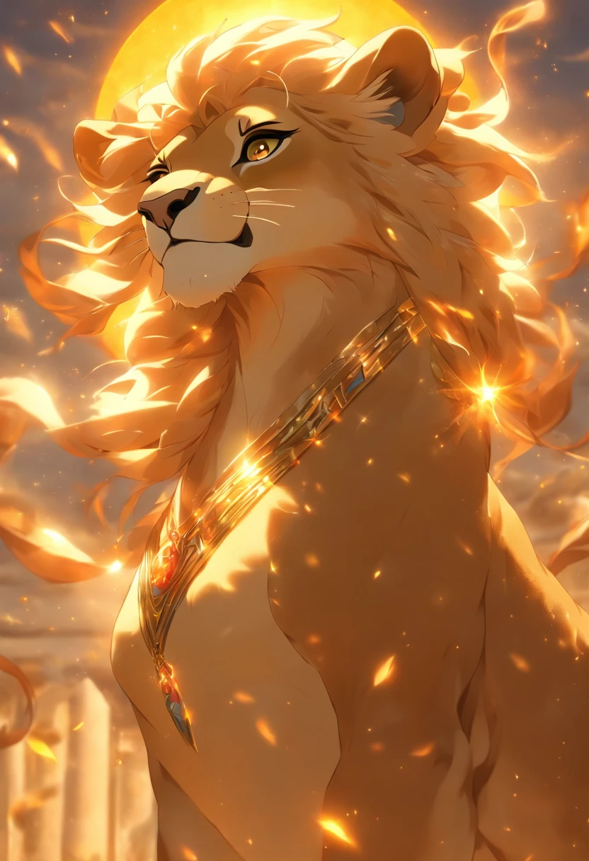 (((Lioness Sun goddess))) Best quality, Ultra-high resolution, 4K detailed CG, master piece,die,Arabian Women,atef,(( golden greek crown)),Hold the club, necklace, greek clothes, ((( standing))) greek mythology, Arabic painting style, Aesthetics, Beautiful image, Depth of field, Focus on the canvas, full bodyesbian