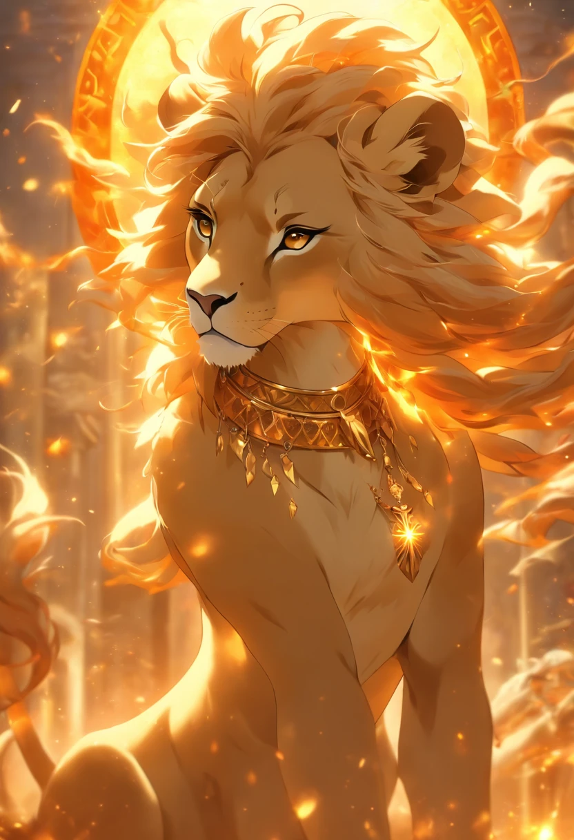 (((Lioness Sun goddess))) Best quality, Ultra-high resolution, 4K detailed CG, master piece,die,Arabian Women,atef,(( golden greek crown)),Hold the club, necklace, greek clothes, ((( standing))) greek mythology, Arabic painting style, Aesthetics, Beautiful image, Depth of field, Focus on the canvas, full bodyesbian