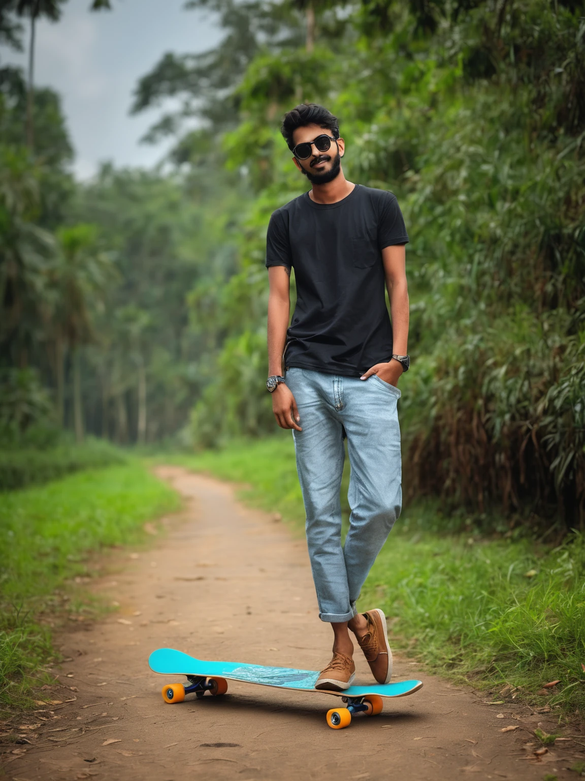arafed man standing in a field with a skateboard in his hand, in front of a forest background, full body photogenic shot, full body picture, with a cool pose, casual photography, wearing pants and a t-shirt, distant full body shot, full body portrait shot, assamese aesthetic, mohamed chahin style, casual pose, full body photograph