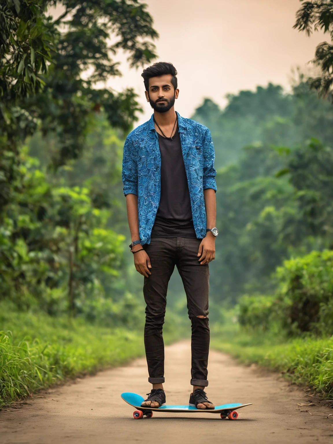 arafed man standing in a field with a skateboard in his hand, in front of a forest background, full body photogenic shot, full body picture, with a cool pose, casual photography, wearing pants and a t-shirt, distant full body shot, full body portrait shot, assamese aesthetic, mohamed chahin style, casual pose, full body photograph