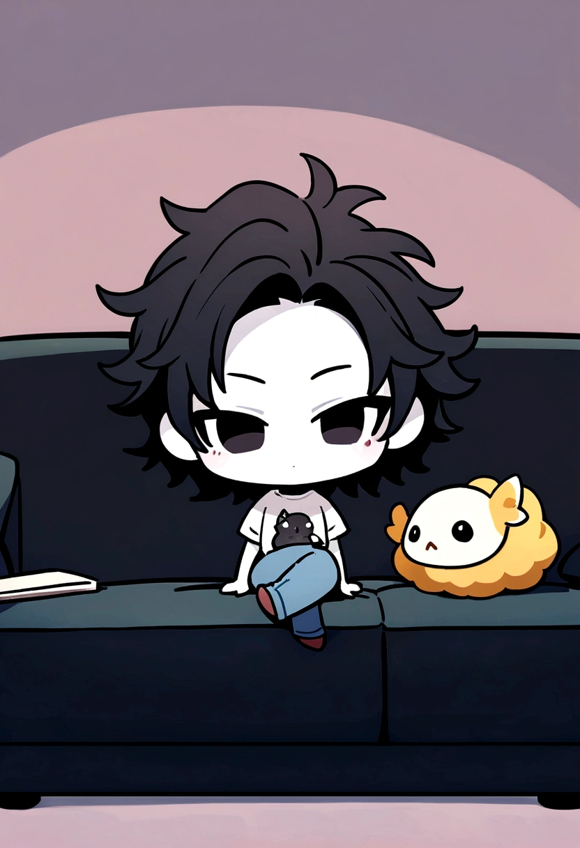 best quality, full body, looking at viewer, on the couch, 1 man, pale skin, chibi, black hair, very short hair, messy hair, clear face, t-shirt, jacket, jeans, crossed legs, simple background