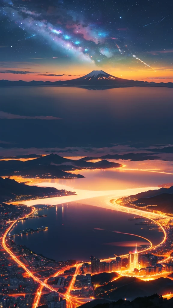 a vast and majestic skyline. a beautiful city at night time. big mount fuji behind the city. in thee sky there are meteors. a boy in close up is looking at the sky. the sky is very very beautiful