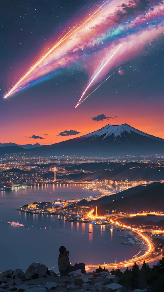 a vast and majestic skyline. a beautiful city at night time. big mount fuji behind the city. in thee sky there are meteors. a boy in close up is looking at the sky. the sky is very very beautiful