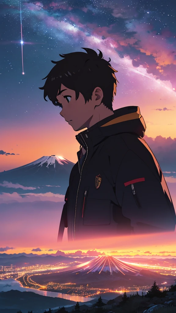 a vast and majestic skyline. a beautiful city at night time. big mount fuji behind the city. in thee sky there are meteors. a boy in close up is looking at the sky. the sky is very very beautiful