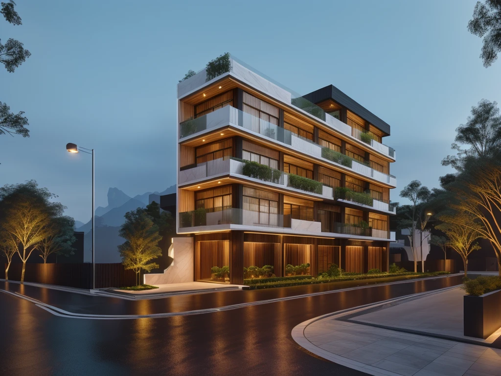 3D render of a beautiful house, Dark, gray tones, white wall. lumion render, night time render, insanely detailed rendering, realistic architecture, architectural visualization. The house is adorned with elegant lighting and plants to enhance its exterior appearance in a Vietnam city street. The staircase leading into the house is tiled with black marble and has bright LED lights. Behind are hills and mountains with clear blue sky. balcony with green plants. The main door is made of black aluminum and glass reaching up to the ceiling. Looking through the glass windows to look inside the house with luxurious interiors with luxurious and warm lights, interior lighting rendering and lighting effects. marble and wood and glass, dark and modern, luxcore render, taken with professional photography techniques, using a wide angle lens with bright natural light and high resolution details, in the style of professional photograph, hyper realistic, highly detailed.