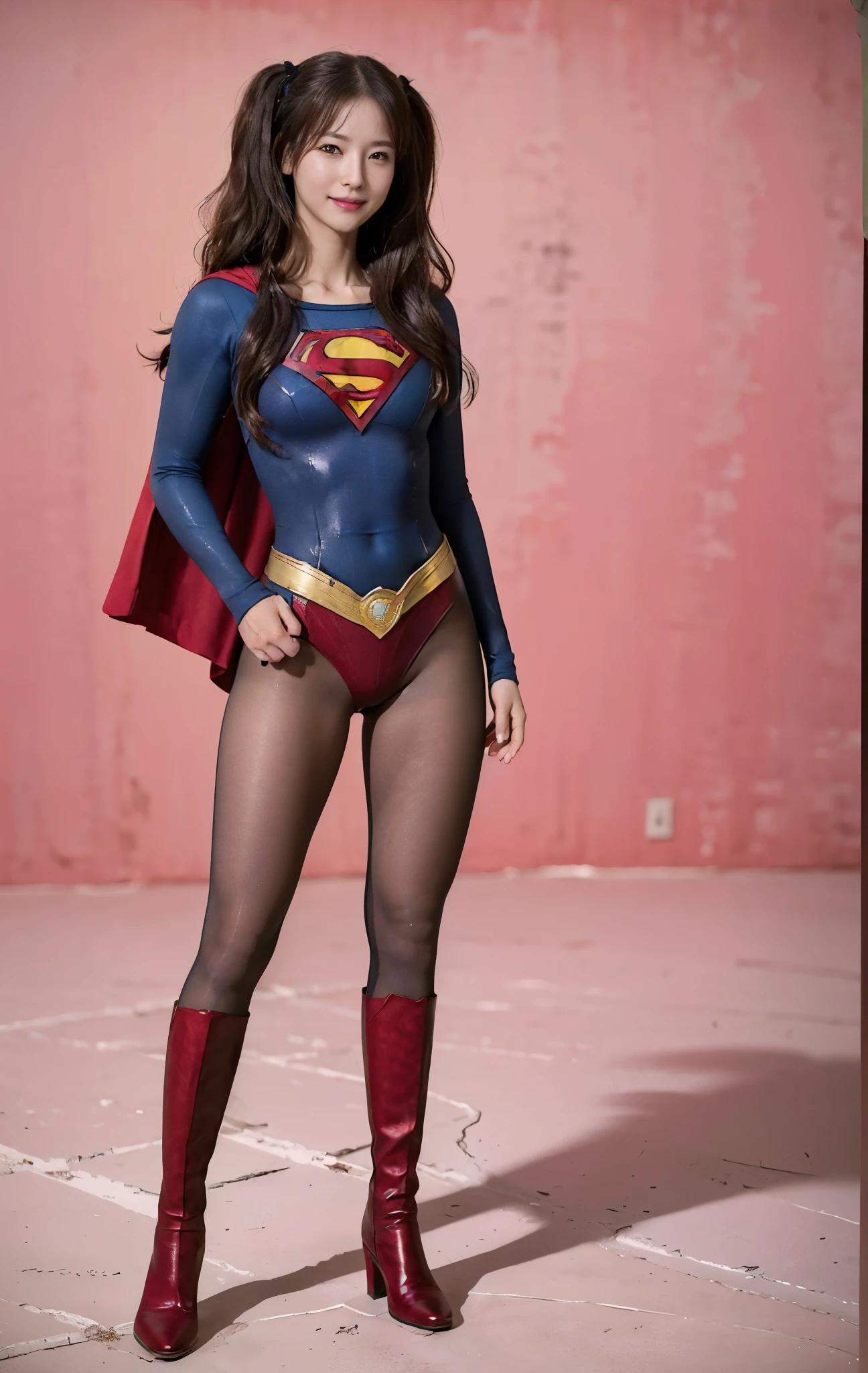 No background、(((Beautiful legs in black tights.)))、(((Legally express the beauty of your smile)))、((((Make the most of your original images)))、(((Supergirl Costume)))、(((Beautiful hair with twin tails)))、(((suffering)))、(((Please wear black tights....、Wear red boots)))、((Best image quality、8K))、((Highest quality、8K、masterpiece:1.3))、(((Preserve background )))、Sharp focus:1.2、Beautiful woman with perfect figure:1.4、Slim Abs:1.2、Wet body:1.5、Highly detailed face and skin texture、8K