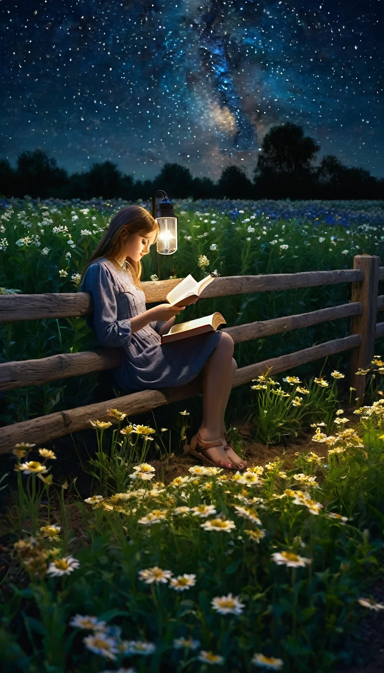 girl reading a book next to her lamp behind a fence in a flower field by the starry night