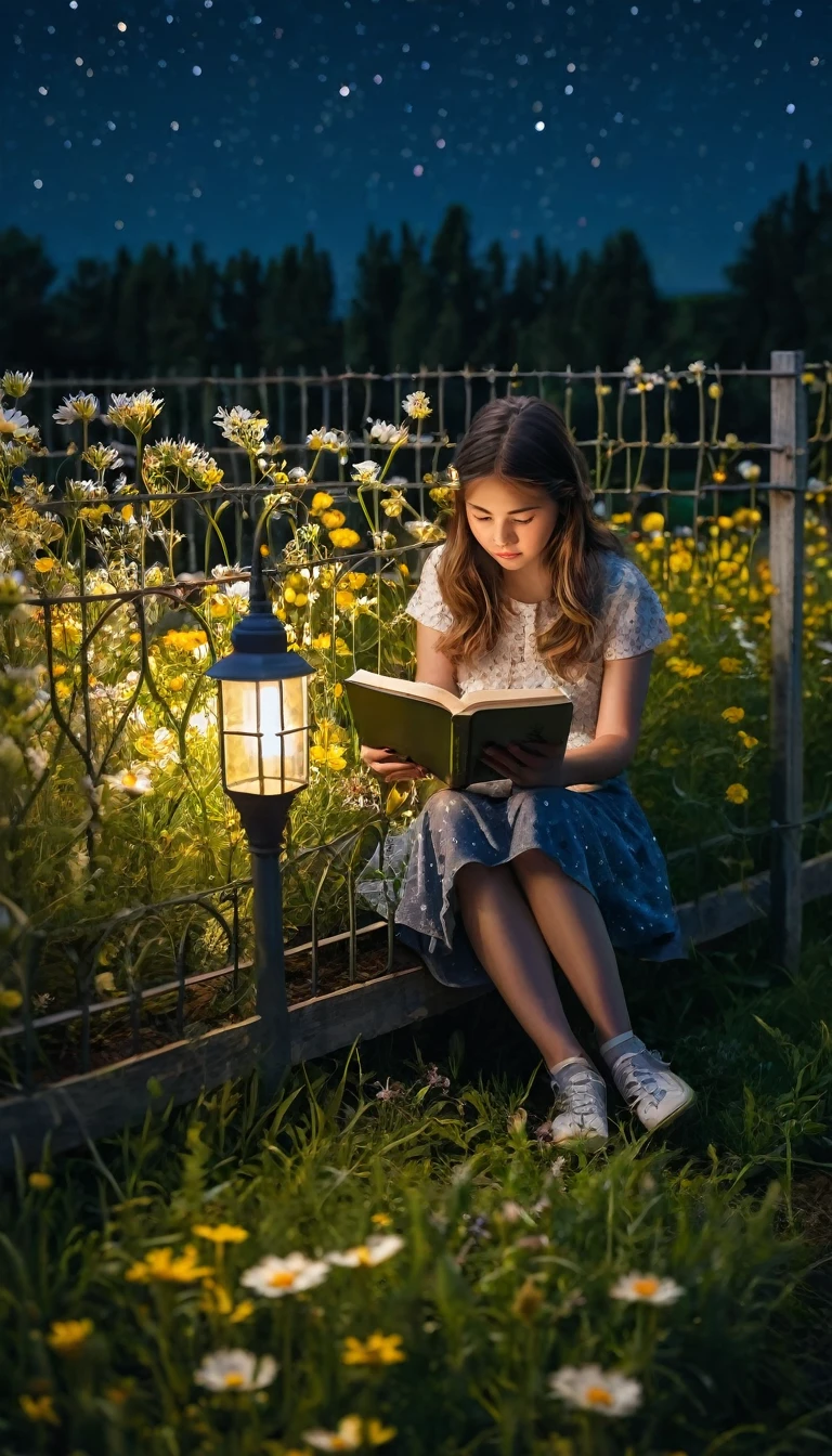 girl reading a book next to her lamp behind a fence in a flower field by the starry night