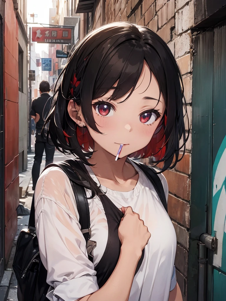 a group of mafia gangs were smoking and drinking. someone vomits against a graffiti background in a corner alley of the city with red highlights