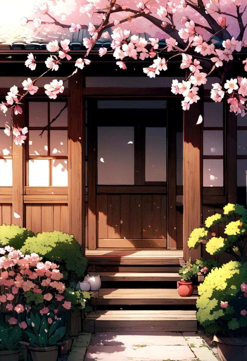 A cherry tree is in full bloom in the garden on the porch of a Japanese house.