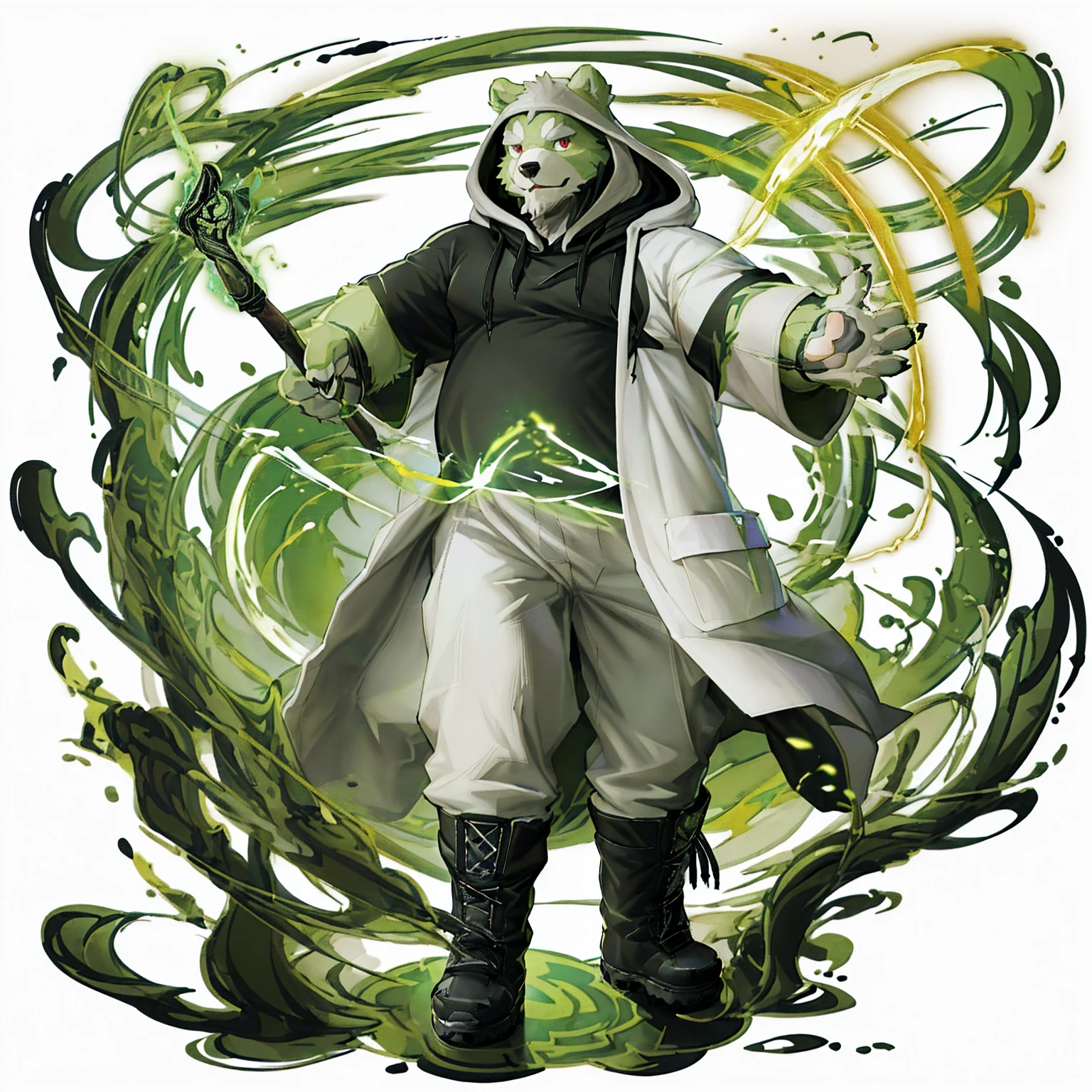 anthro, kemono, male, solo, (((anthro bear))), (((green bear))), (((green fur))), green hair, red eyes, beard, white eyebrows, mature, white background, mage staff, magic, ((((black t-shirt inside), (((white long coat with hood))), gray trousers, military boots))), full body, splash art,