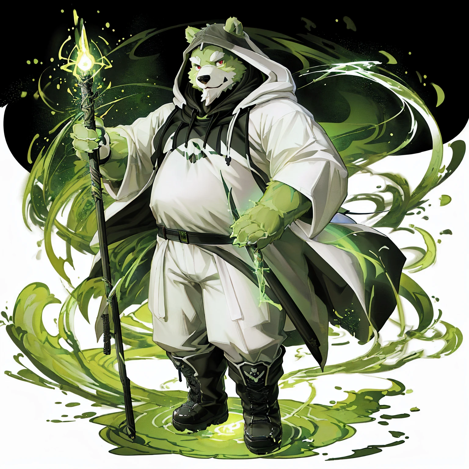 anthro, kemono, male, solo, (((anthro bear))), (((green bear))), (((green fur))), green hair, red eyes, beard, white eyebrows, mature, white background, mage staff, magic, ((((black t-shirt inside), (((white long coat with hood))), gray trousers, military boots))), full body, splash art,