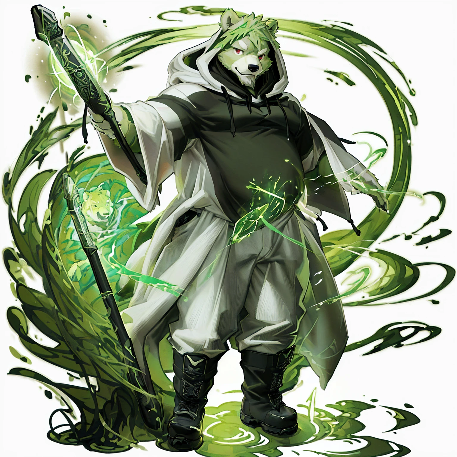 anthro, kemono, male, solo, (((anthro bear))), (((green bear))), (((green fur))), green hair, red eyes, beard, white eyebrows, mature, white background, mage staff, magic, ((((black t-shirt inside), (((white long coat with hood))), gray trousers, military boots))), full body, splash art,