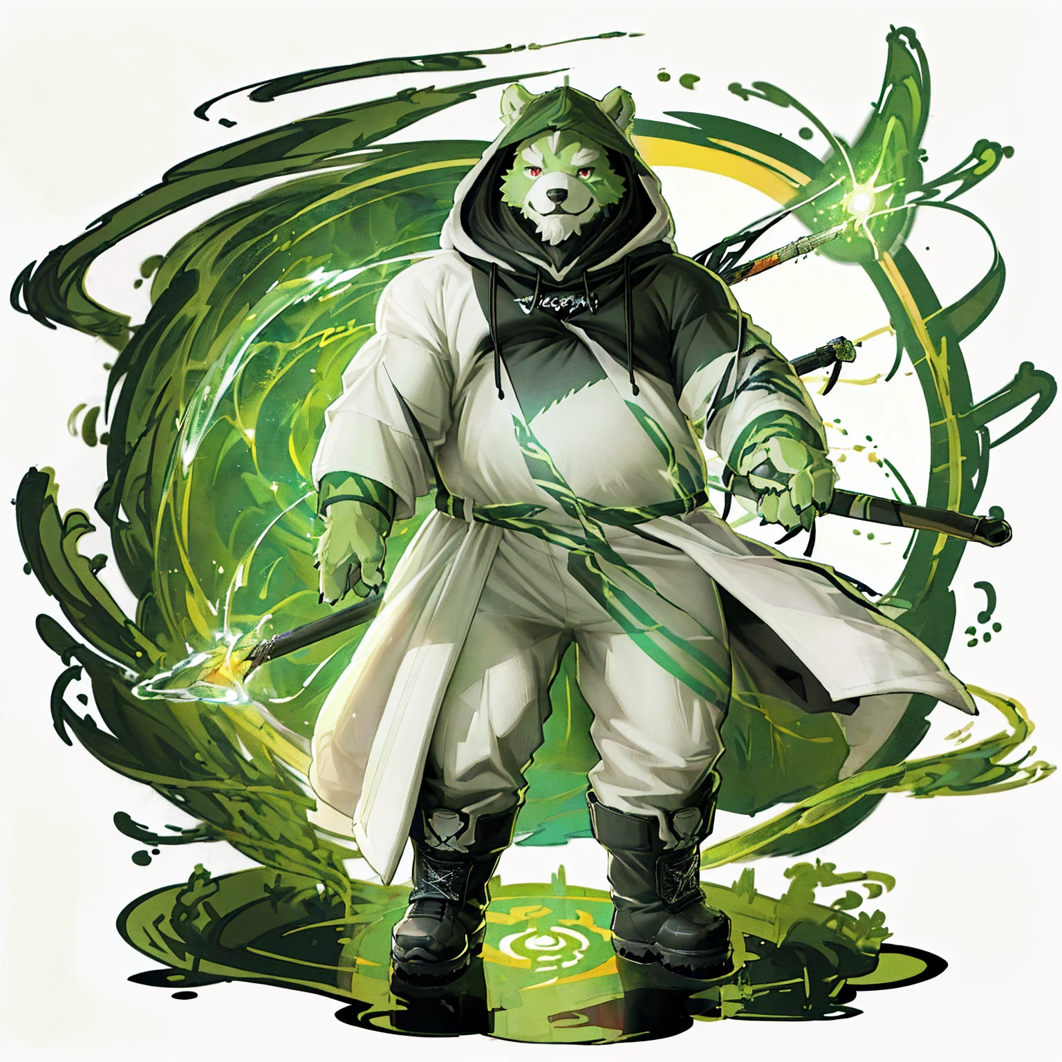 anthro, kemono, male, solo, (((anthro bear))), (((green bear))), (((green fur))), green hair, red eyes, beard, white eyebrows, mature, white background, mage staff, magic, ((((black t-shirt inside), (((white long coat with hood))), gray trousers, military boots))), full body, splash art,