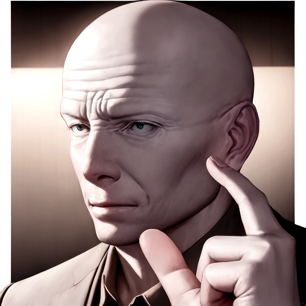 portrite of a showing good finger bald man on transparent background