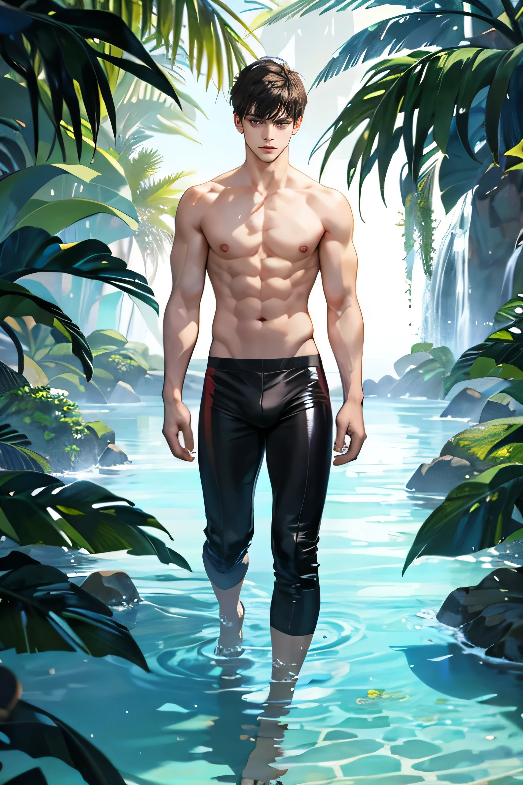 1 boy, Young male, Detailed eyes and faces, Perfect male body, face to camera, (short hair,only wearing black speedo,Topless, standing bath, wet hair and body),portrait, black briefs, China Landscape, Outdoor, Hibiscus, Hibiscus park, color difference, Depth of field, dramatic shadow, Ray tracing, Best quality, Cinematic lighting, Extremely detailed CG, 8k wallpaper,