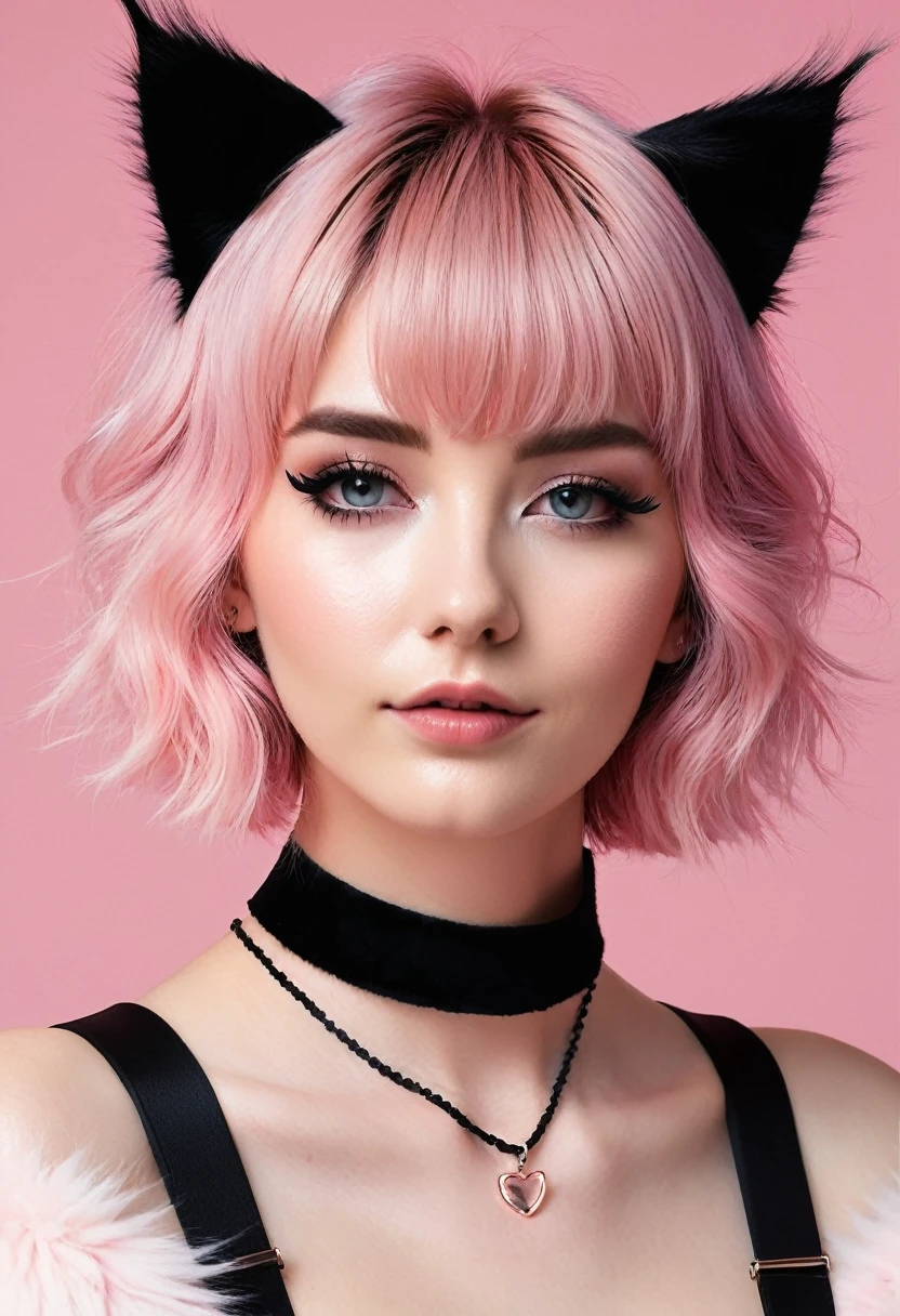girl, short light pink hair, cat ears, black choker
, she is hairy like a cat all over her body with cat fur, has a cat&#39;s tail, catgirl, naked