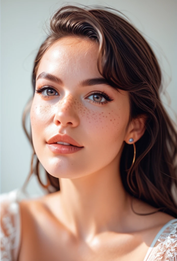 score_9, score_8_up, score_7_up , Stunning brunette woman with freckles, portra 400 film photo, analog inspiration