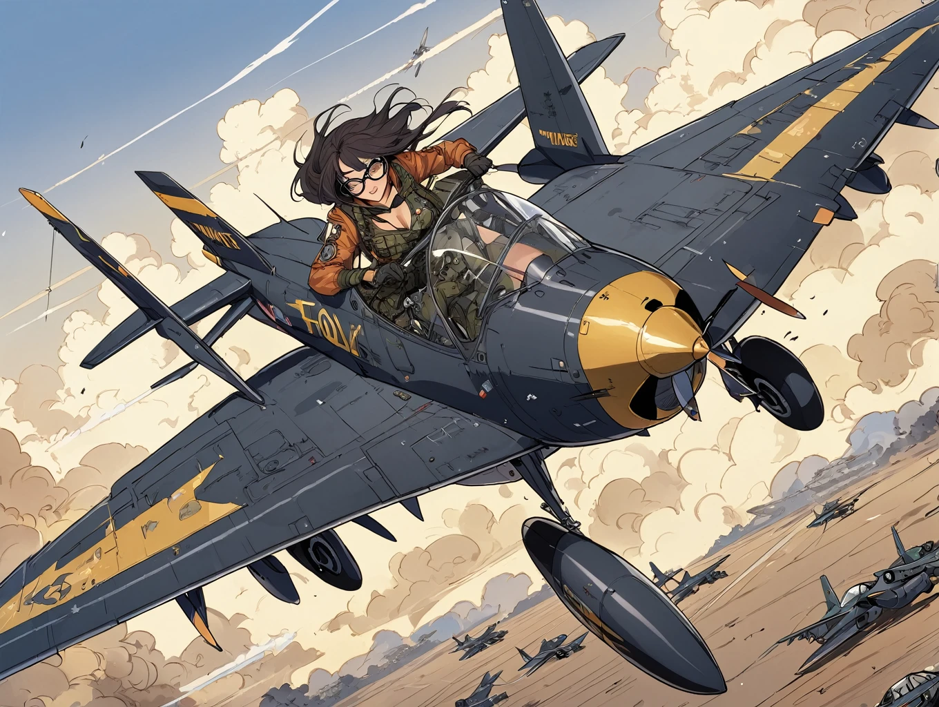 mujer con gafas que mantienen un plane de combate, plane, aircraft,  girls, military, black fur, vehicle focus, Original, Masterpiece, illustration, extremely fine and beautiful, perfect detailed, arte de todd mcfarlane