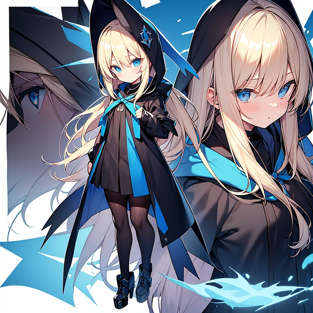 Full body detailed drawing。Blonde beauty。Blue habit。Wearing a hood。Blue Eyes。Have a Bible。Wearing black spats。