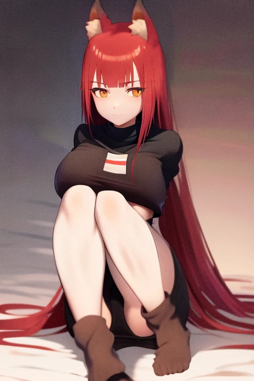 Fox girl with red hair and a fox tail in black sneakers with large soles in black jeans and a black top Худая