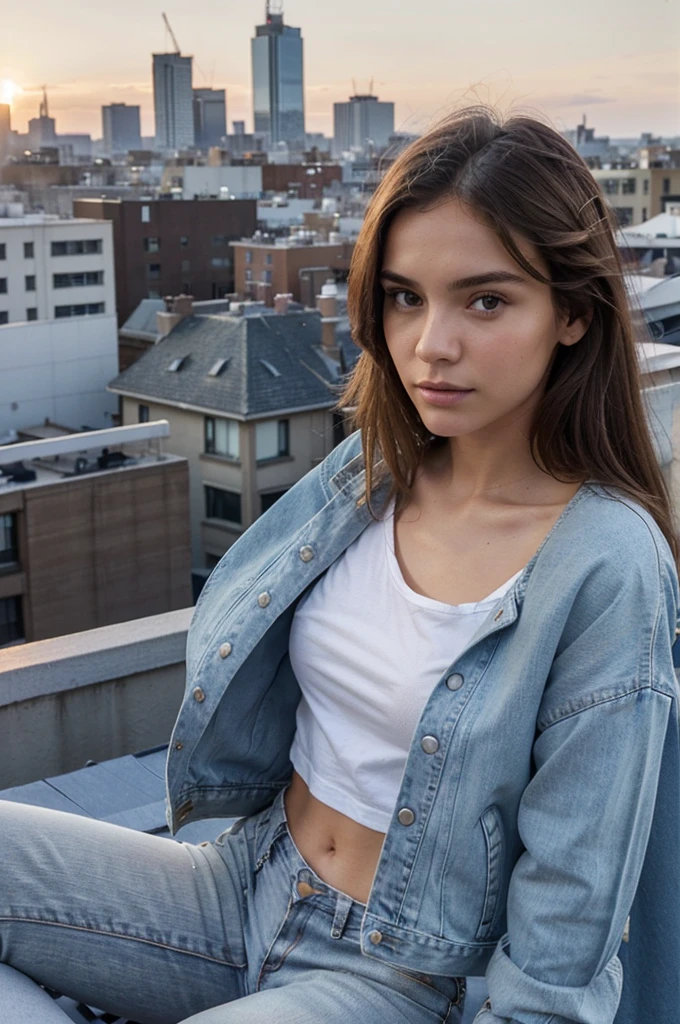 A model in a classic denim jacket and a white tee sits on a city rooftop terrace, ultra realistic detail of facial, vusage with a little defect, gazing out over the skyline. The setting sun casts a warm glow over the scene, with casual yet trendy clothing that fits the urban setting