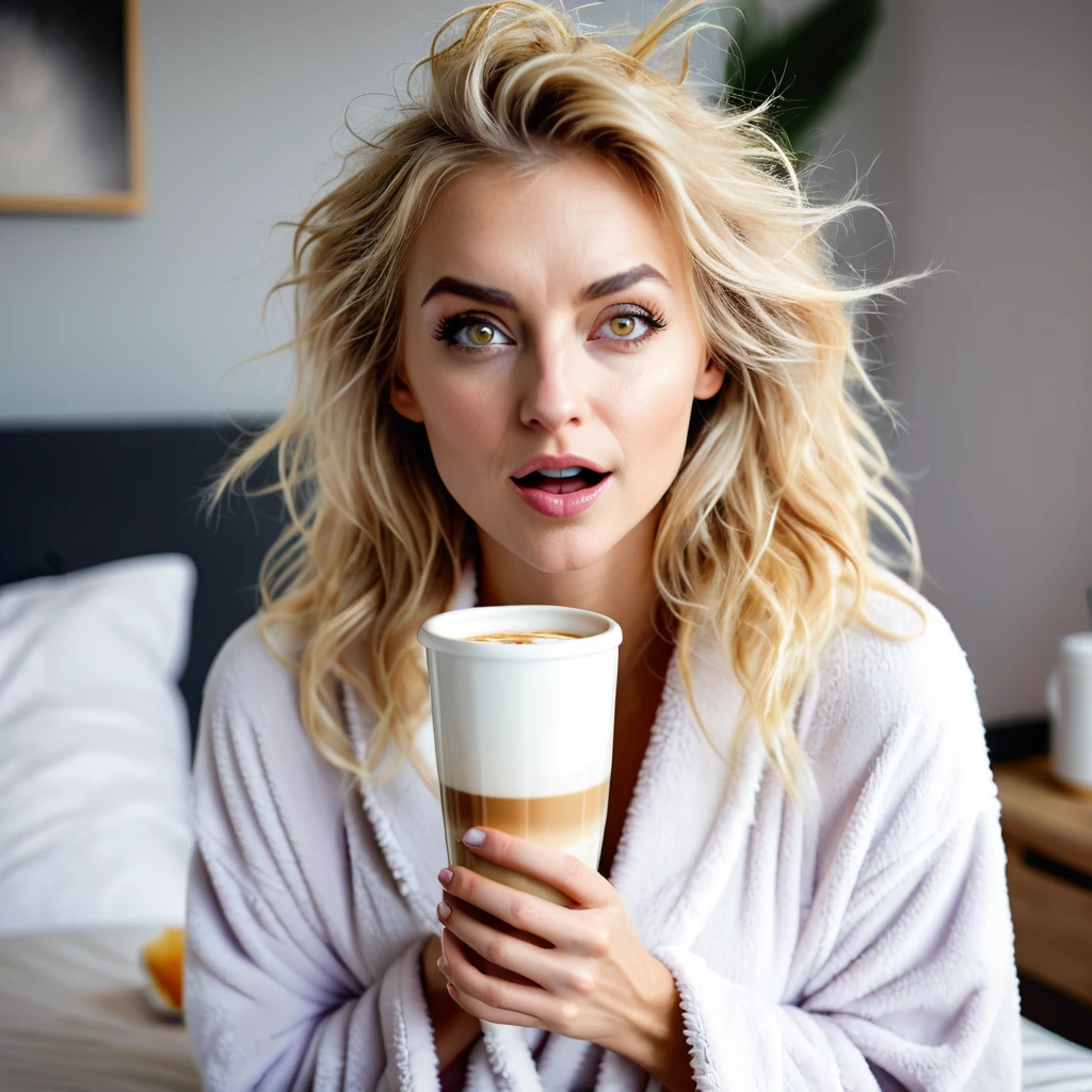 bearded woman, attractive, disheveled blond hair, amber eyes, half-open dressing gown, hirsute body, drinks her coffee when she wakes up