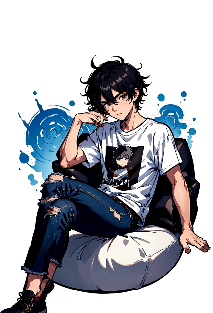 best quality, full body, looking at viewer, on the couch, 1 man, chibi, black hair, very short hair, messy hair, clear face, t-shirt, jacket, jeans, crossed legs, simple background,