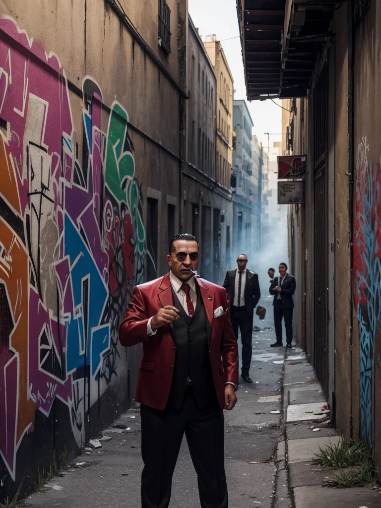 a group of mafia gangs were smoking and drinking. someone vomits against a graffiti background in a corner alley of the city with red highlights