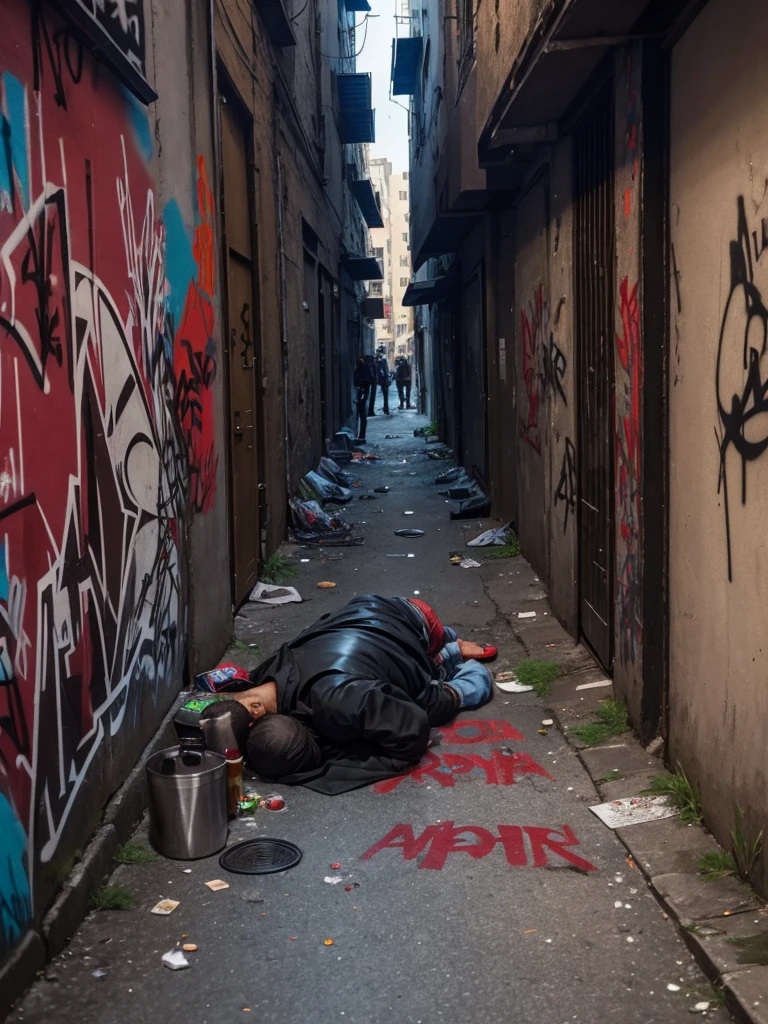 a group of mafia gangs were smoking and drinking. someone vomits against a graffiti background in a corner alley of the city with red highlights