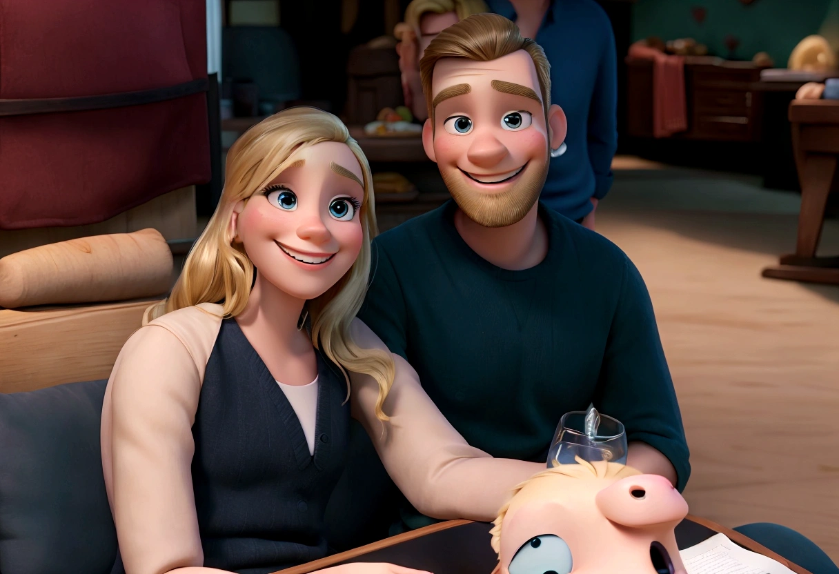 High quality artwork maximum quality best quality Disney pixar style couple smiling blonde woman and man with thin beard calf smiling